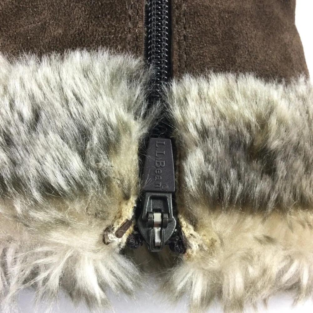 L.L. BEAN Boots Women’s Brown Suede Faux Fur Trim Mid Calf Side Zip Sz 8